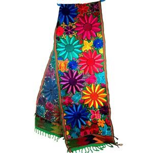 Mexican Handmade Traditional Woven Embroidered Bright Floral Table Runner 96X17